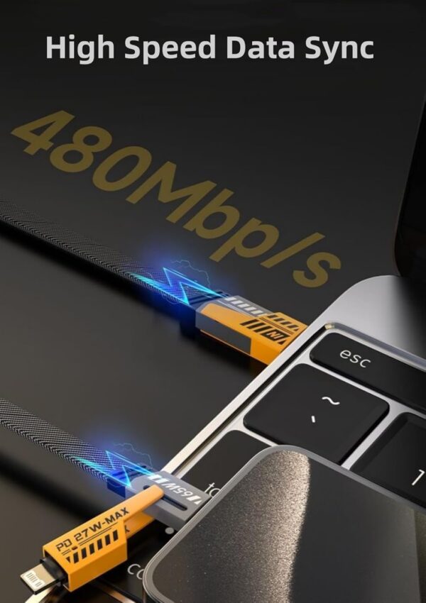 • كابل شاحن USB متعدد 15 سم، شحن سريع 65 واط 3 في 1 (Lightning, Type-C & Micro USB)